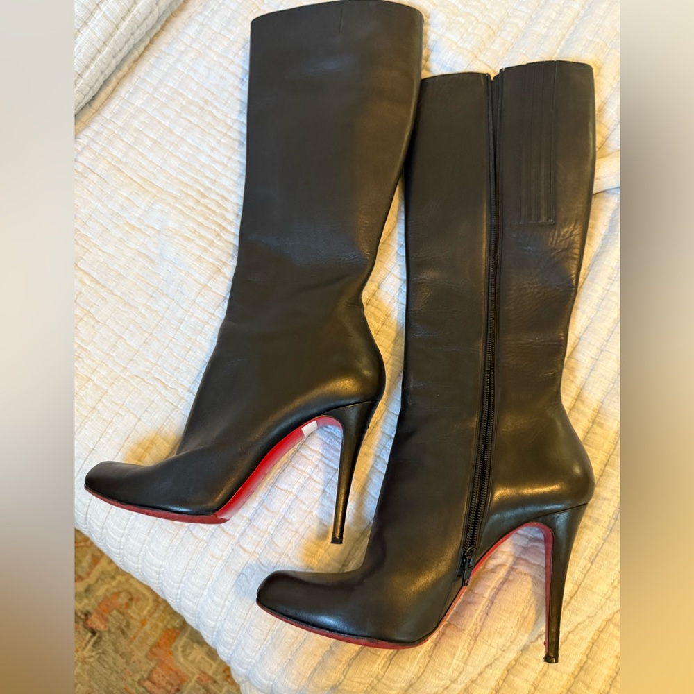 Christian Louboutin Elegant Black Leather Knee-High Boots 5 inch heel